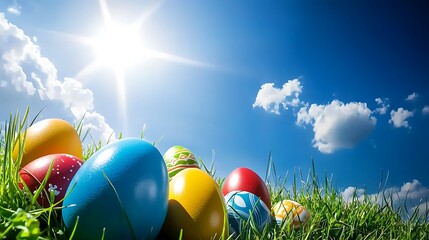 Clear blue sky above green meadow scattered with colorful Easter eggs under bright daylight