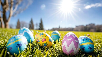 Clear blue sky above green meadow scattered with colorful Easter eggs under bright daylight