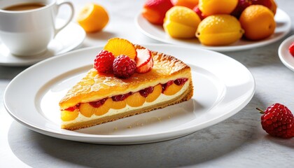 Delicious Apricot Cheesecake Slice: Fresh Fruit Dessert Photography - Perfect for Baking Blogs and Foodie Inspiration!