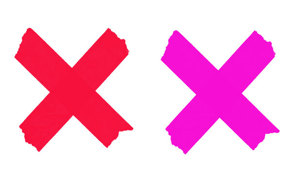 Two vibrant red and magenta grunge style x marks, rough textured edges isolated on transparent background