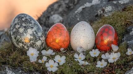 Close-up of multicolored eggs lying on grass with flowers reflecting gentle morning light
