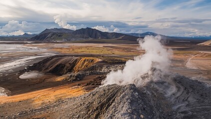 Aerial view of geothermal mud pools in Iceland, showcasing natural geothermal activity, Earth Day