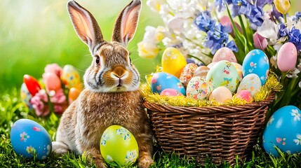 Cute bunny resting near Easter basket illuminated by gentle warm light