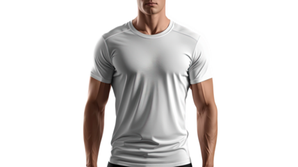 Muscular man showcasing a blank white t-shirt, perfect for apparel mockups, design templates, and fitness fashion advertising for a modern active lifestyle