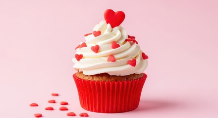 A delicious cupcake decorated with white frosting and red heart sprinkles, perfect for valentines day celebrations