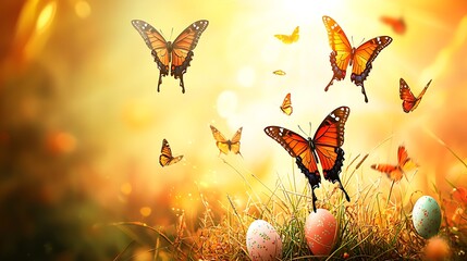Bright spring air glowing with sunlight, butterflies, and pastel-colored Easter eggs in grass
