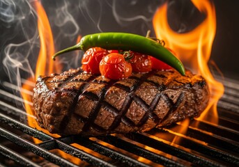 Grilled steak sizzling on open flame with charred grill marks — restaurant