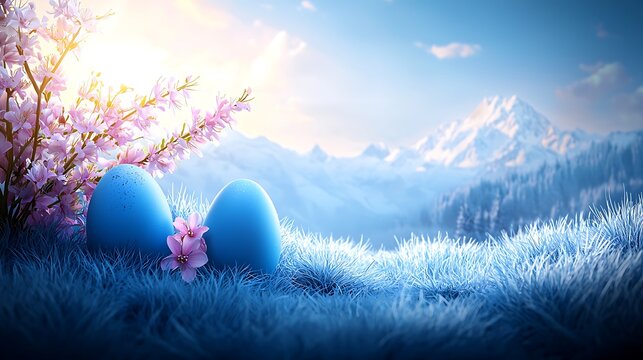 Natural daylight enhancing Easter eggs and blossoms over smooth pastel background