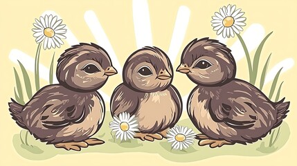 Soft yellow background with baby chicks and small daisy flowers under natural light