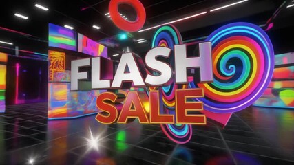 Dynamic flash sale video with bold, colorful 3D graphics and energetic motion, perfect for high-impact advertising and grabbing attention for limited-time offers