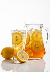 Fototapeta premium Iced Lemon Tea in Glass and Pitcher with Lemon Slices on White Background