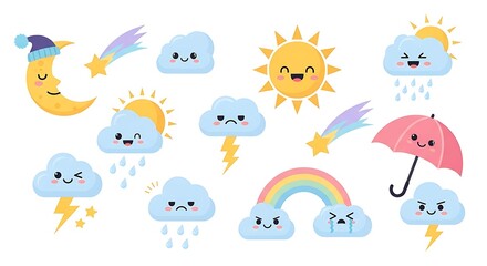 Obraz premium Cute Weather Icons Set - Sun, Moon, Clouds, Rainbow.