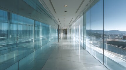 Obraz premium Long glass corridor with reflective flooring, panoramic view