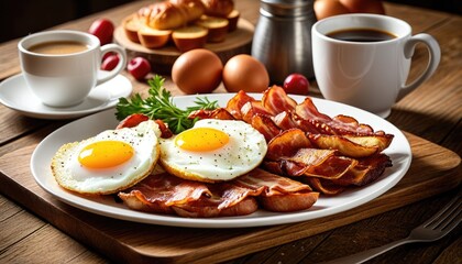 Delicious Breakfast Feast: Sunny-Side-Up Eggs, Crispy Bacon, Coffee, and Croissants on a Wooden Table - Perfect Morning Meal