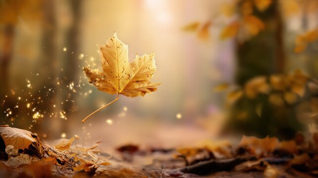 Golden maple leaf floating with magical sparkles in autumn forest