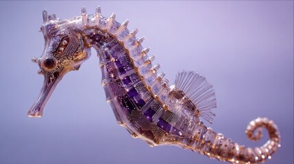 macro shot of a seahorse with semi transparent body showing glowing digital circuits, soft violet background for perfect contrast, elegant posture