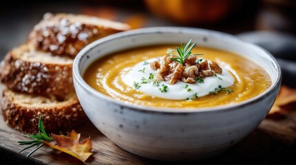 Creamy pumpkin soup serving with bread slices