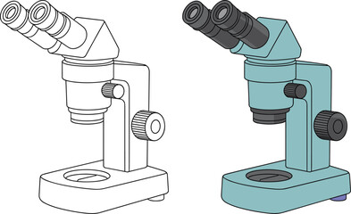 Microscope illustration, scientific equipment artwork, detailed lab instrument drawing, colored and outline comparison