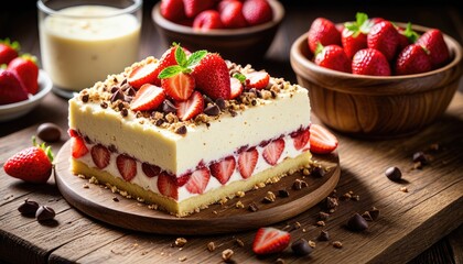 Decadent Strawberry Cheesecake Slice: A Sweet Treat with Fresh Berries and Chocolate Crumble - Perfect Dessert Image
