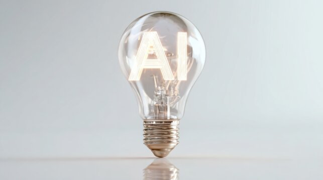 minimalistic glass lightbulb on clean white background, inside bright neon AI formed from thin digital lines, futuristic energy glow, sharp
