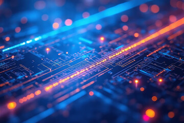 Futuristic abstract technology background with glowing lines. Blurry motion of electric data highway.