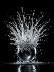 Crystal Ball Water Splash: Dynamic Black and White Photography - High-Speed Capture of Liquid Impact and Refraction