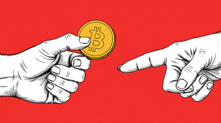 Financial threat and cryptocurrency security risk. Bitcoin coin being taken away by coercion.