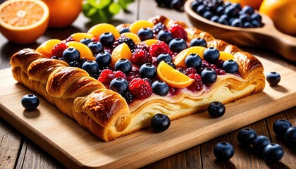 Delicious Berry & Citrus Danish Pastry on Wooden Board - Freshly Baked Breakfast Treat, Perfect for Brunch or Dessert
