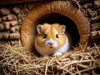 Cute Golden Guinea Pig Peeking from Cozy Wooden Hideout in Bedding - Adorable Pet Portrait for Animal Lovers