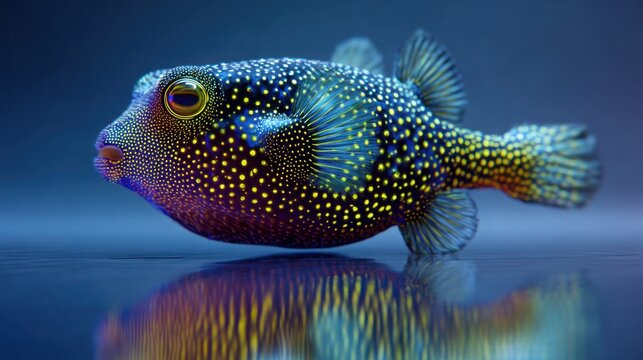 pufferfish with iridescent metallic scales emitting neon yellow dots, suspended in a smooth gradient background, futuristic atmosphere, sharp edges - Powered by Adobe