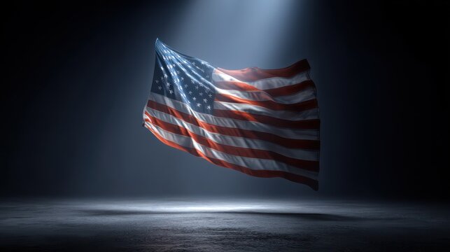 A United States flag suspended midair in dramatic spotlight, surrounded by subtle haze creating volumetric depth. Crisp edges