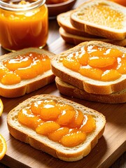 Delicious Breakfast Spread: Sliced White Bread Toasted and Topped with Sweet Orange Marmalade and Jam