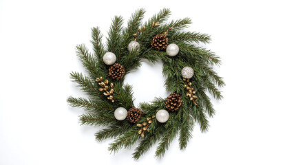 Christmas Wreath with Silver Ornaments and Pine Cones on White.