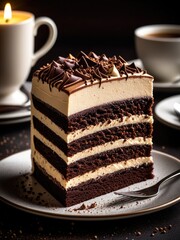 Decadent Chocolate Layer Cake Slice with Coffee - A Rich Dessert Delight for Celebration and Indulgence