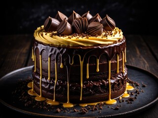 Decadent Dark Chocolate Cake with Caramel Drizzle and Chocolate Decorations - Sweet Treat Photography