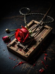 Dark Romance: Red Rose Trapped in Vintage Mousetrap - Symbolic Still Life Photography, Gothic, Moody, Valentine's Day Concept