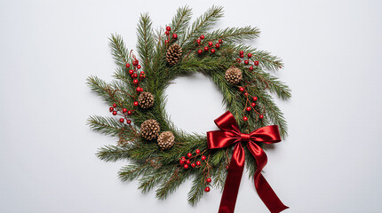 Classic Christmas Wreath with Red Silk Bow and Pine Cones on White Background.