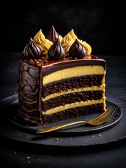 Decadent Chocolate Layer Cake Slice with Golden Frosting, Dark Background, and Golden Fork: Indulgent Dessert Delight