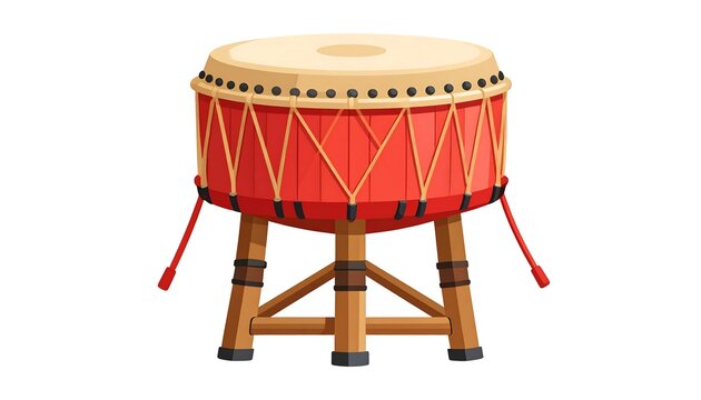 Colorful illustrated red and tan drum with a wooden stand, isolated on a white background - Powered by Adobe