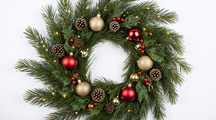 Festive Pine Wreath with Gold and Red Ornaments on White Background.