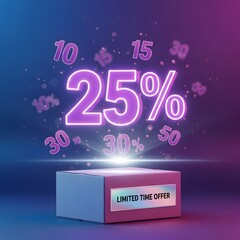 A digital promotional graphic showcasing a 25% discount offer with floating percentage symbols and a glowing effect on a modern display box