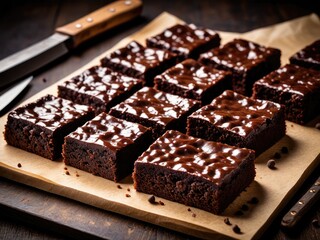 Delicious Chocolate Brownies: A Stack of Rich, Fudgy Squares on Wooden Board - Perfect Dessert!