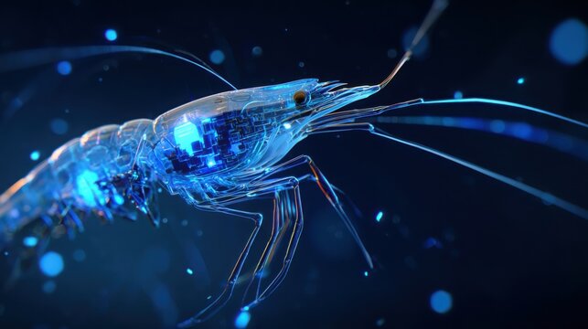 ultra detailed macro of a transparent shrimp with neon blue circuitry glowing inside its body, dark navy background with floating tech particles