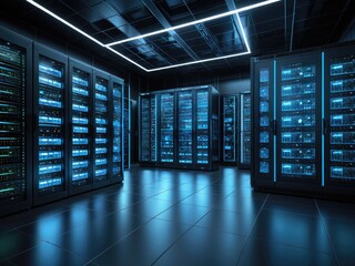 Data Center Interior: Futuristic Server Room Technology and Blue Lighting - Digital Stock Image