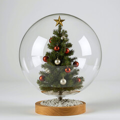 Miniature Christmas Tree in Clear Glass Dome on Wooden Base.