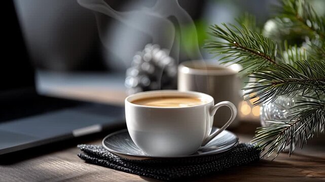 Steaming hot coffee resting on ceramic saucer near closed laptop, surrounded by festive pine branches, rustic pinecones, holiday ornaments on wooden surface