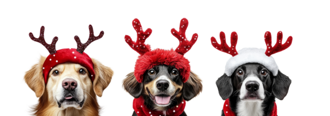 three dogs wearing  reindeer antlers and a santa's cap on its nose against a transparent background,