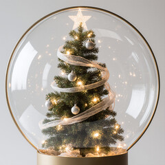 Miniature Christmas Tree Inside Clear Glass Globe with Fairy Lights and Gold Trim.