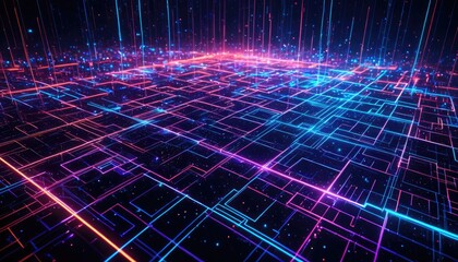 Cyberpunk Gridscape: Neon Digital Landscape, Futuristic Cityscape, Glowing Circuit Network, Abstract Technology, Digital Art