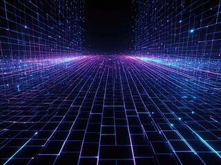 Cyberpunk Grid Tunnel: Futuristic Neon Lights & Digital Landscape - Abstract Technology Background for Sci-Fi Concepts